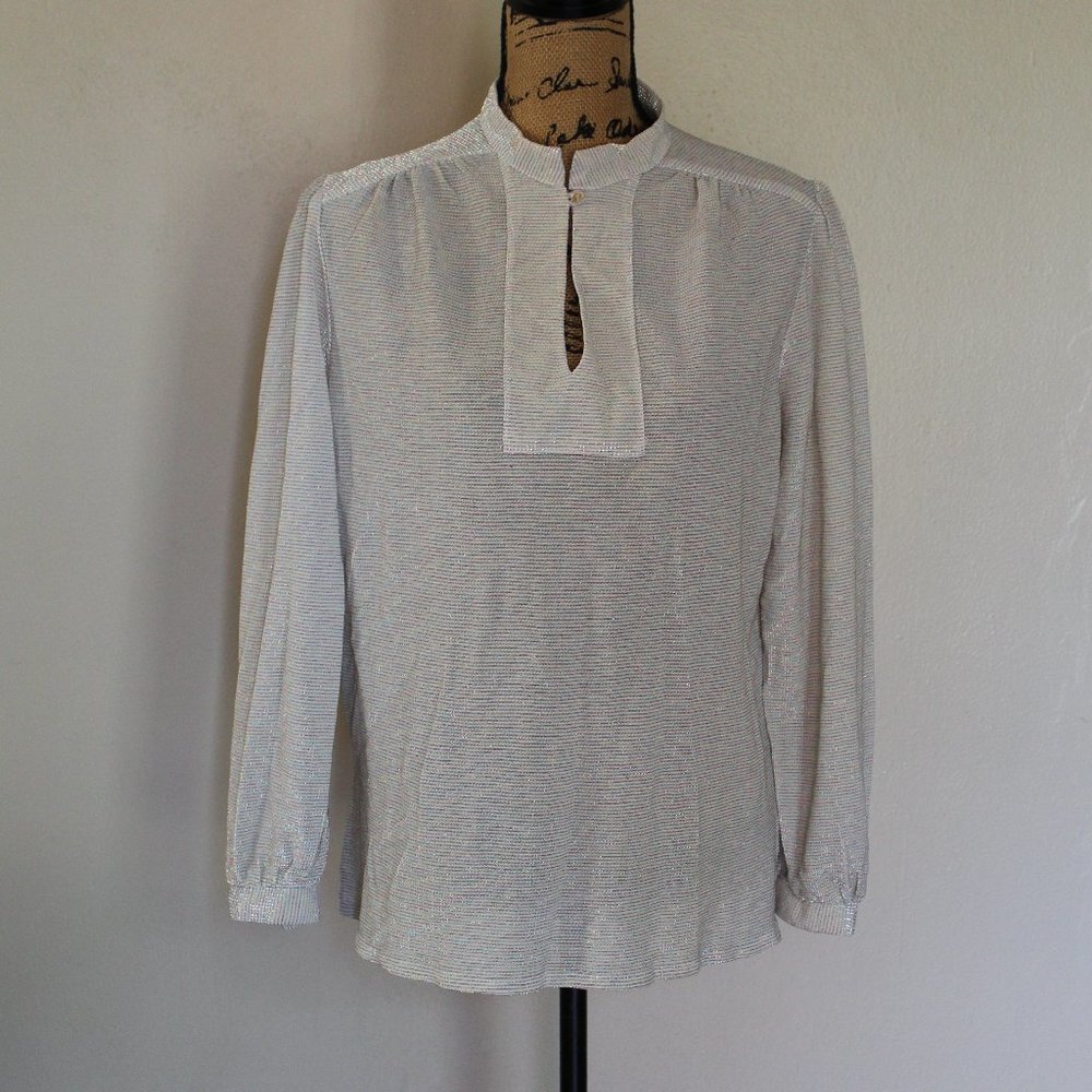 Vintage Ample Togs California Cream Pink Blue Metallic Disco Blouse Women's M
